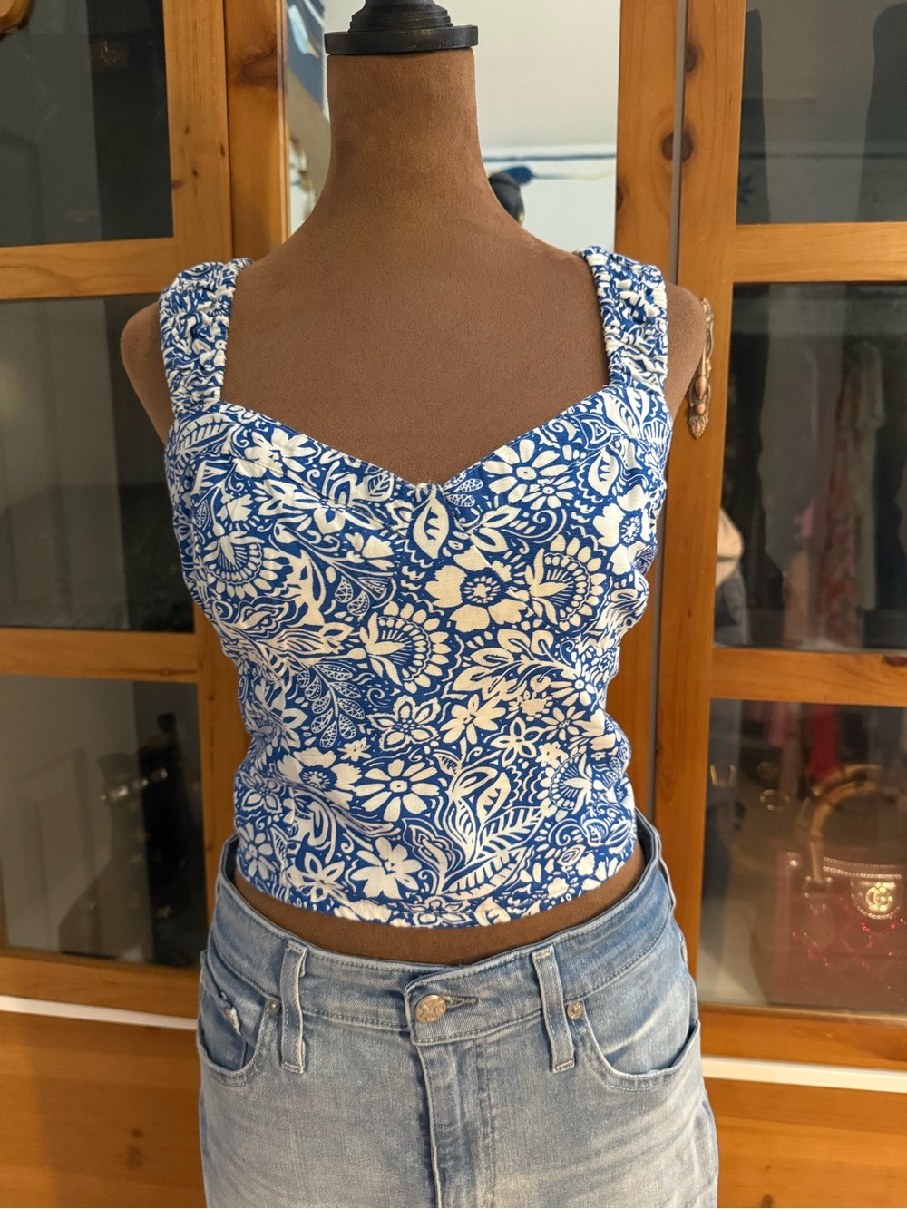 Japna Blue & White Floral Sweetheart Crop Top